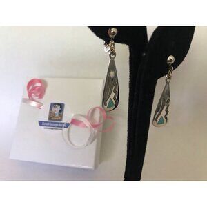 Vtg Dangle Drop Sterling Silver Earrings With Inlaid Turquoise & Carved Design